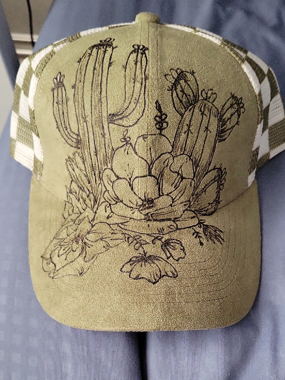 Green Cactus/floral Hand Burned Trucker Hat